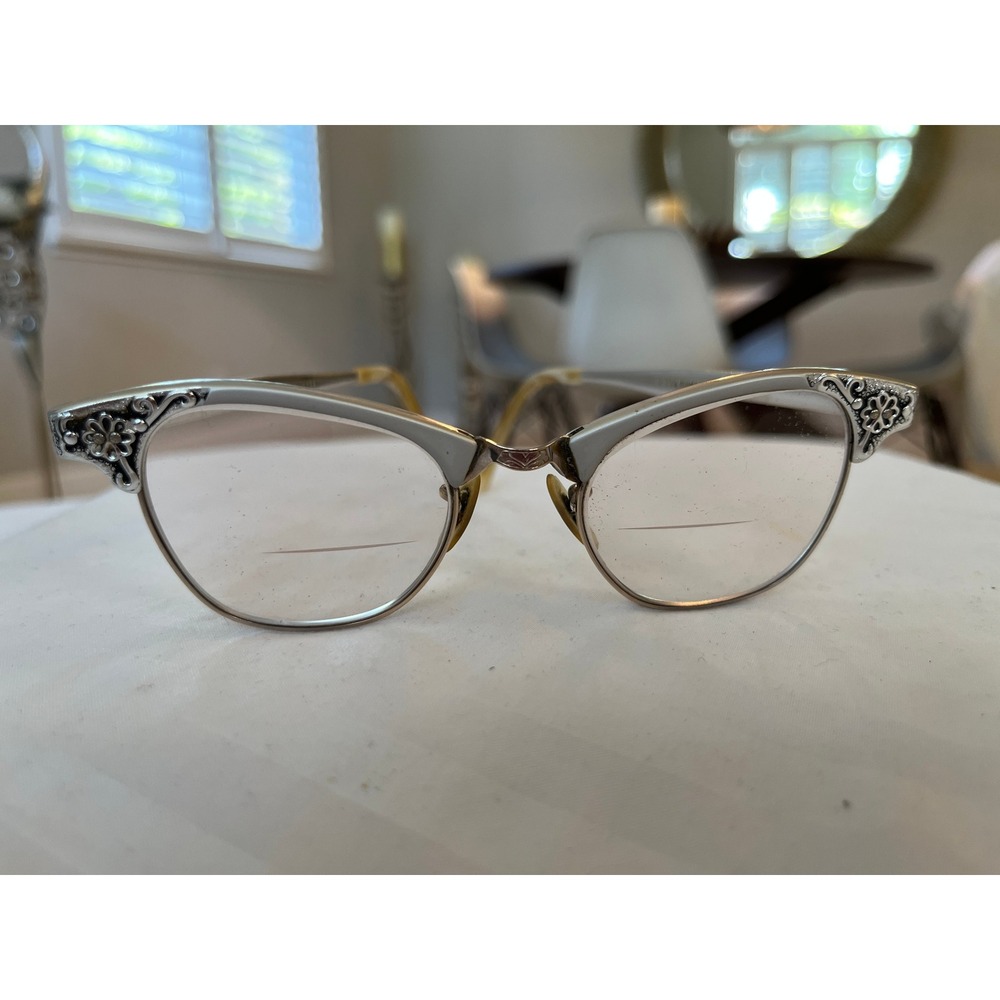 Vintage Artcraft Silver Aluminum Cat Eye Glasses Floral Etched 4-5 1/4 USA Made